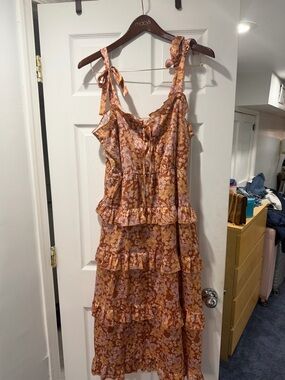 Floral Tiered Long Dress with Tie-Strap Shoulders - Rust Pink